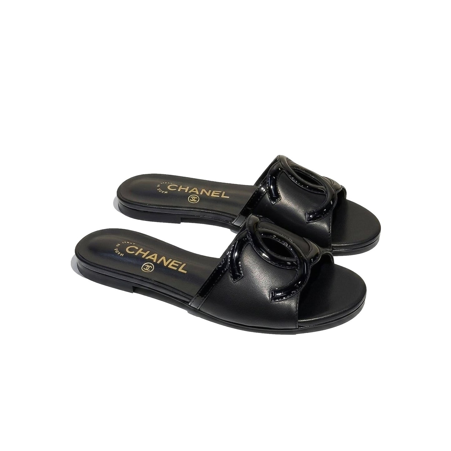 CHANEL Lambskin CC Cutout Sandal Mules– Black