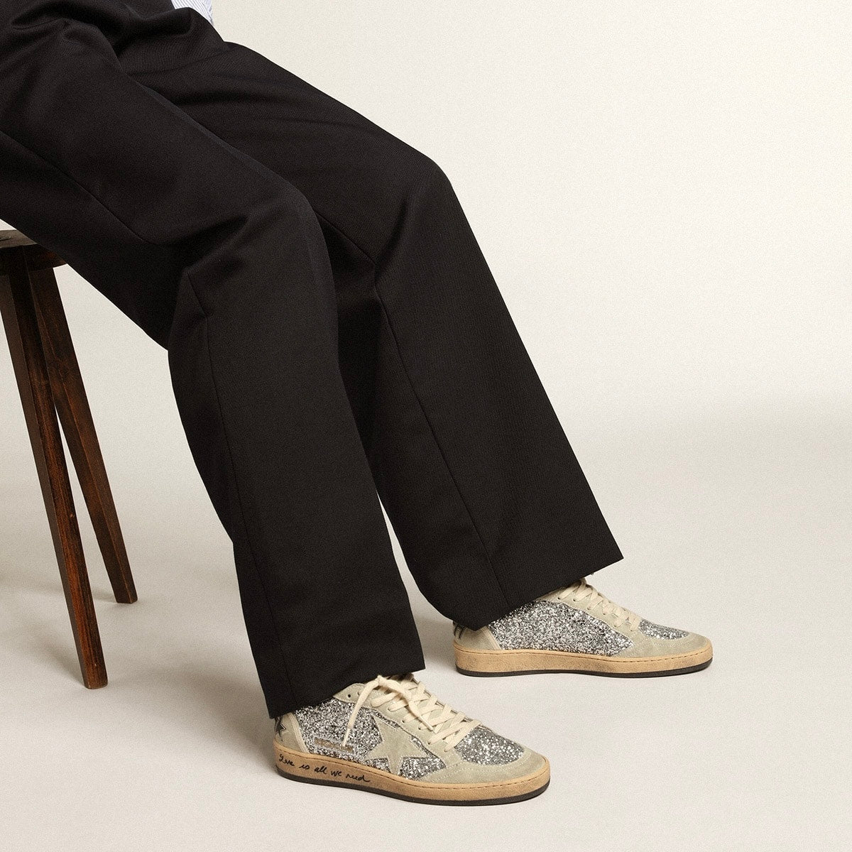 Golden Goose Ball Star in silver glitter with ice-gray suede inserts(women)