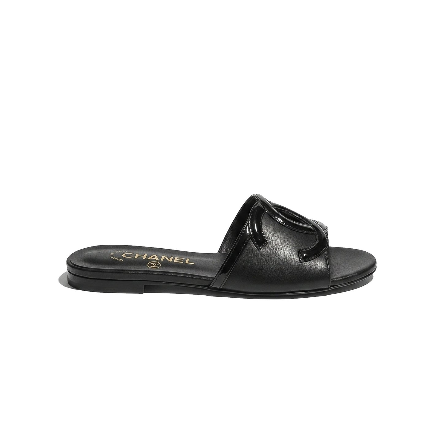 CHANEL Lambskin CC Cutout Sandal Mules– Black