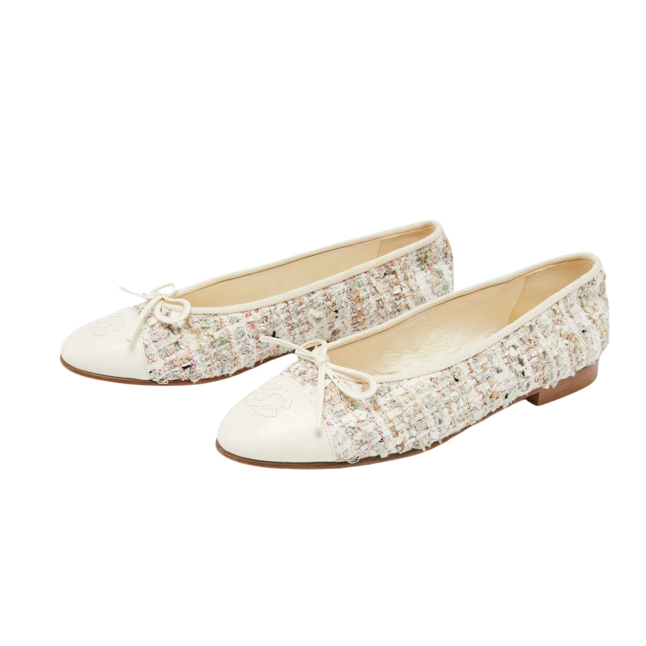 Chanel Cream/Red Tweed Fabric And Leather CC Cap Toe Bow Ballet Flats