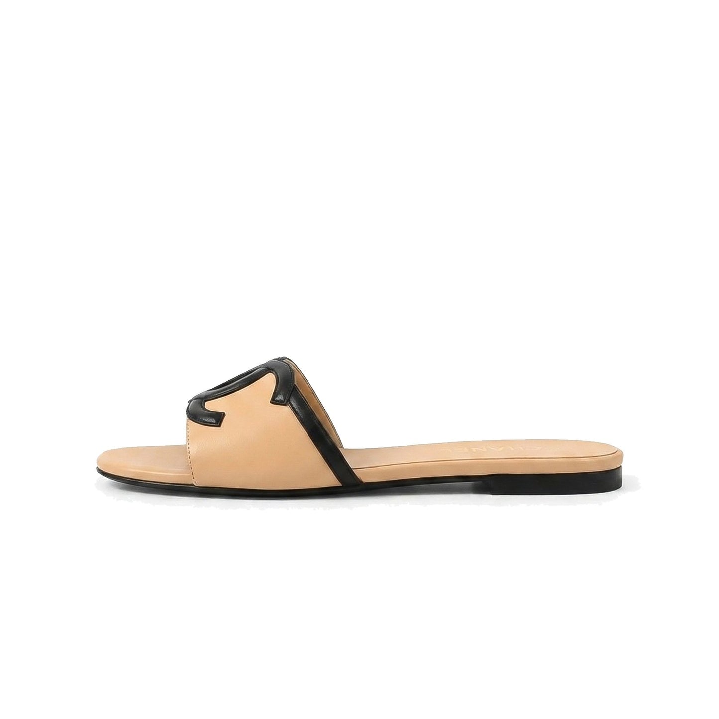 CHANEL Lambskin CC Cutout Sandal Mules– Beige & Black
