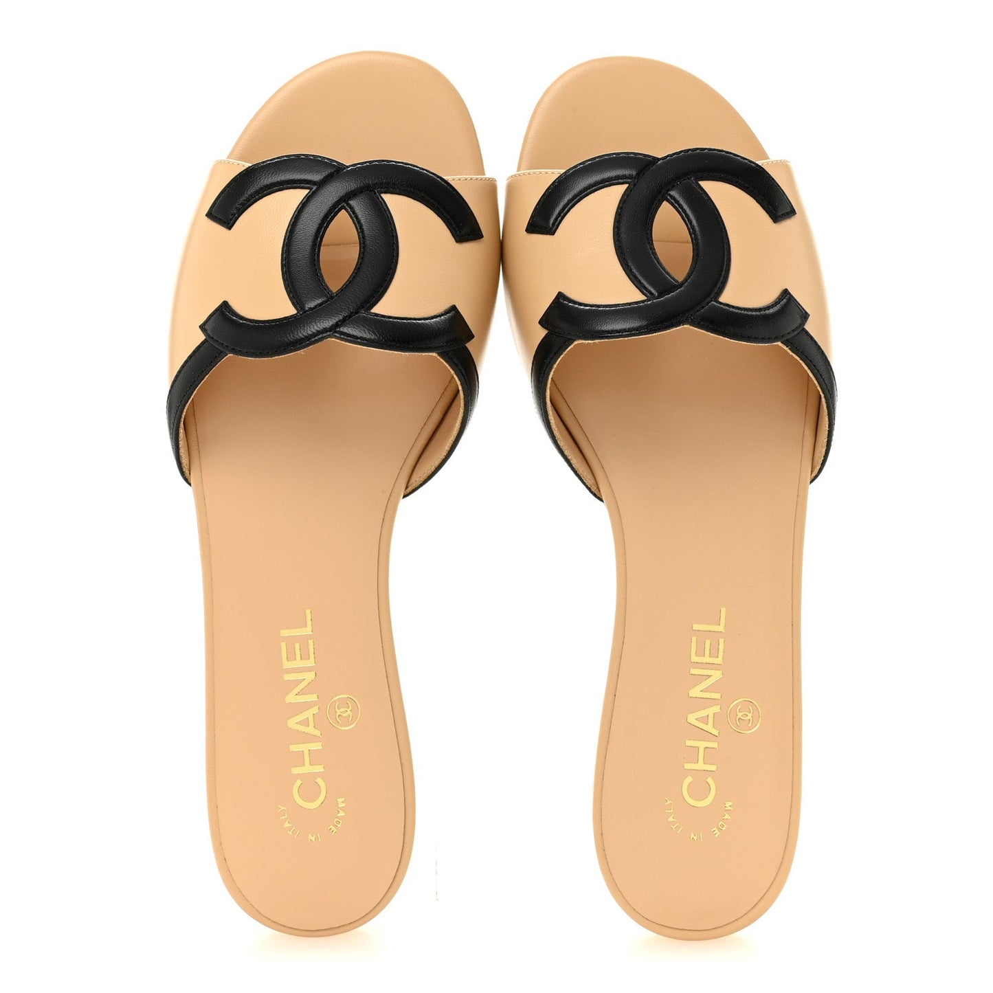 CHANEL Lambskin CC Cutout Sandal Mules– Beige & Black