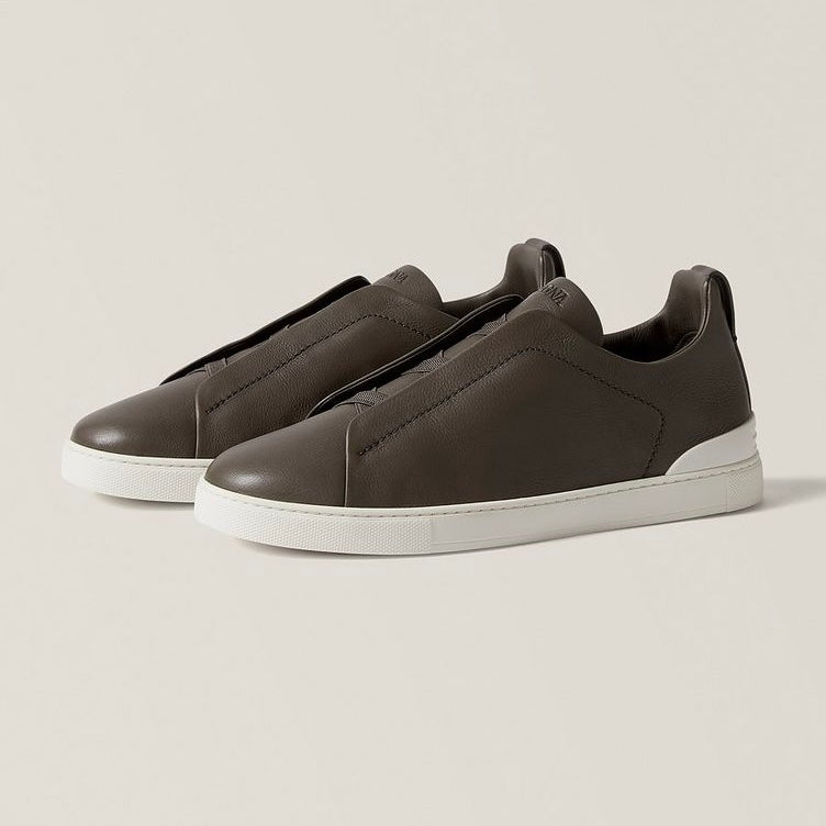 ZEGNA Triple Stitch SECONDSKIN Leather Sneakers Dark Taupe