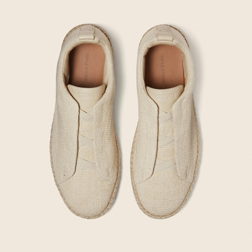 Zegna OFF WHITE LINEN BLEND AND LEATHER TRIPLE STITCH™ ESPADRILLES