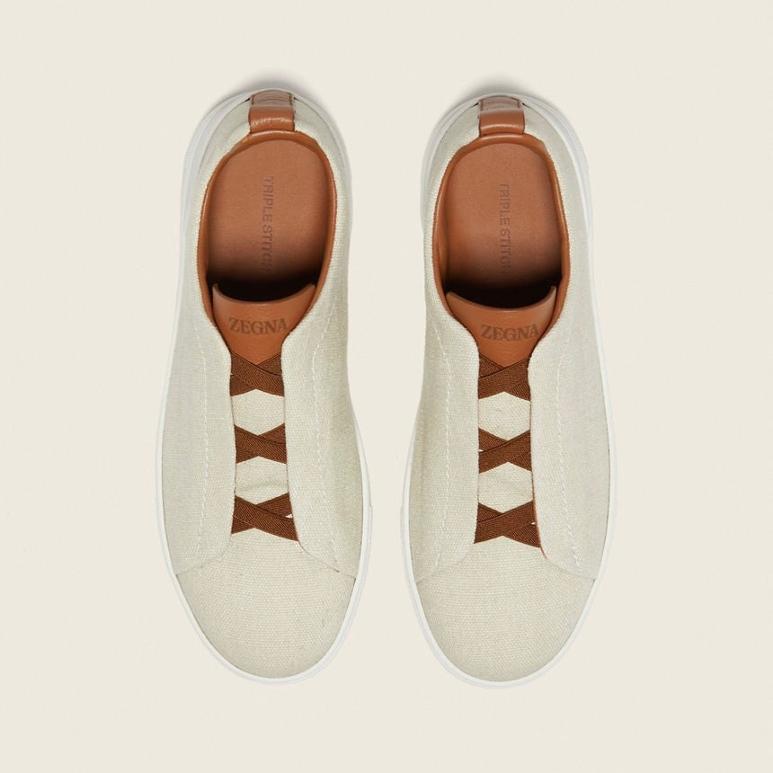 Zegna DUST WHITE COTTON LINEN AND LEATHER TRIPLE STITCH™ SNEAKERS