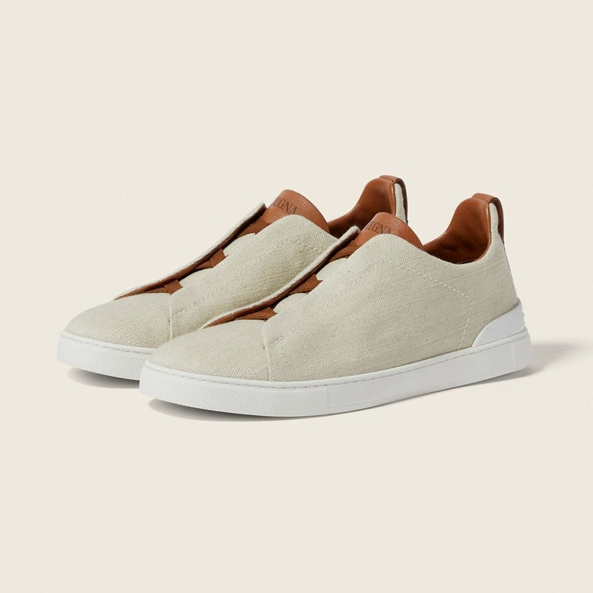 Zegna DUST WHITE COTTON LINEN AND LEATHER TRIPLE STITCH™ SNEAKERS