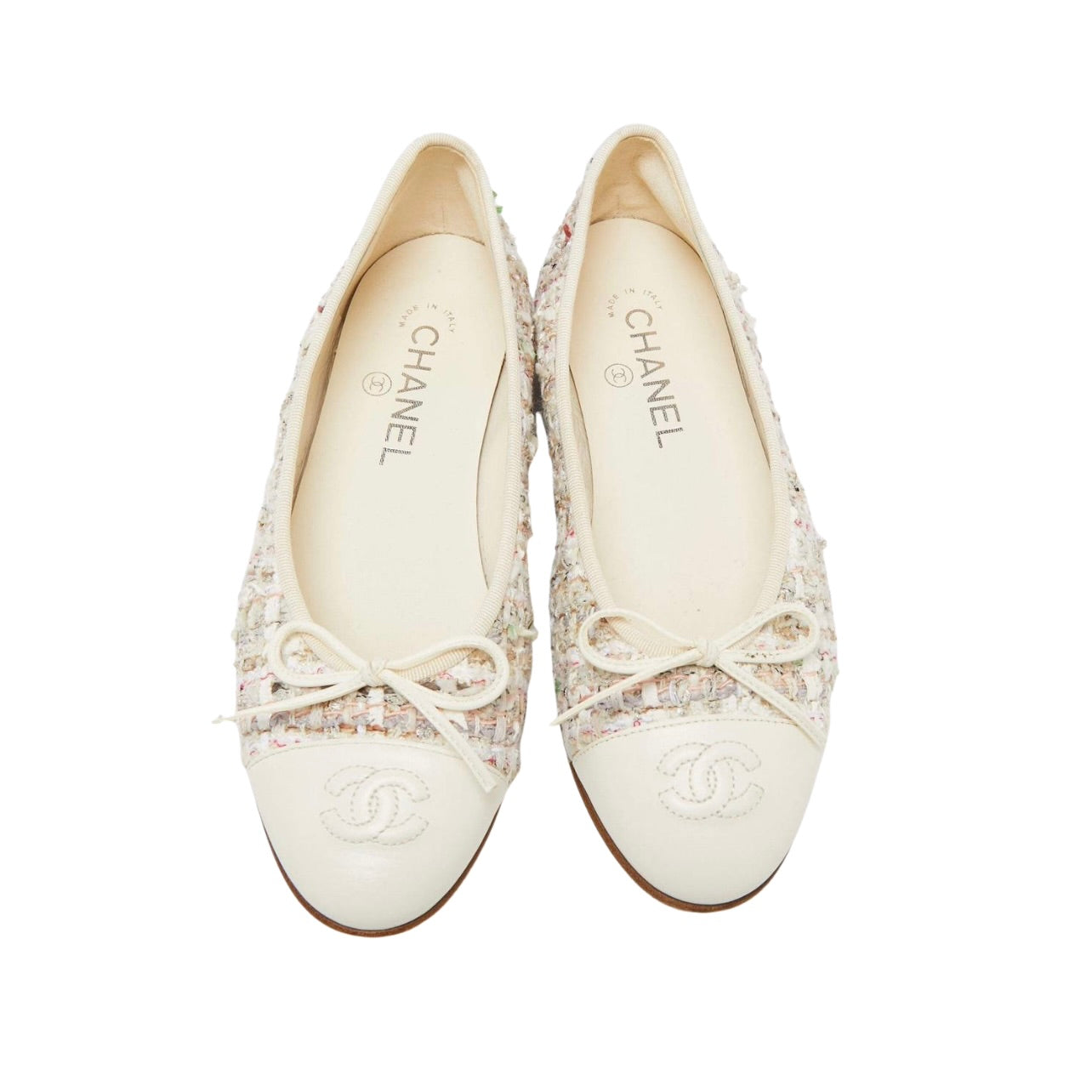 Chanel Cream/Red Tweed Fabric And Leather CC Cap Toe Bow Ballet Flats