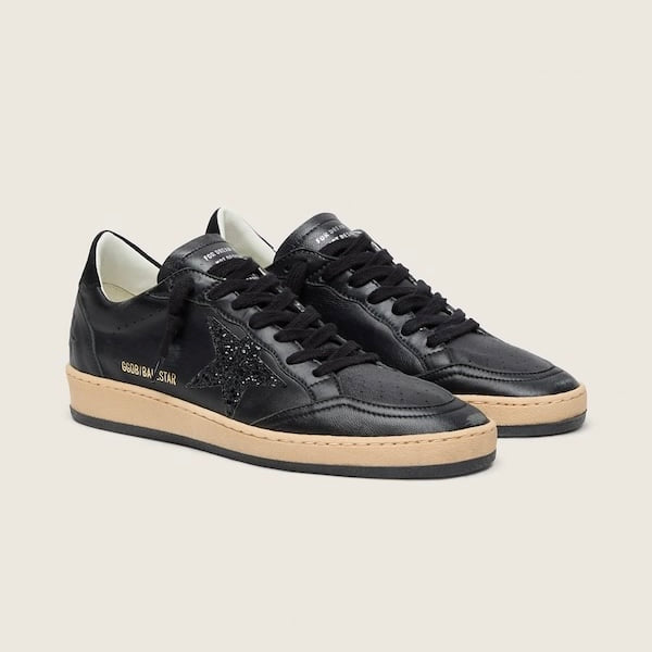 Golden Goose Ball Star in black nappa with black glitter star and suede heel tab(women)