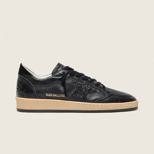 Golden Goose Ball Star in black nappa with black glitter star and suede heel tab(women)