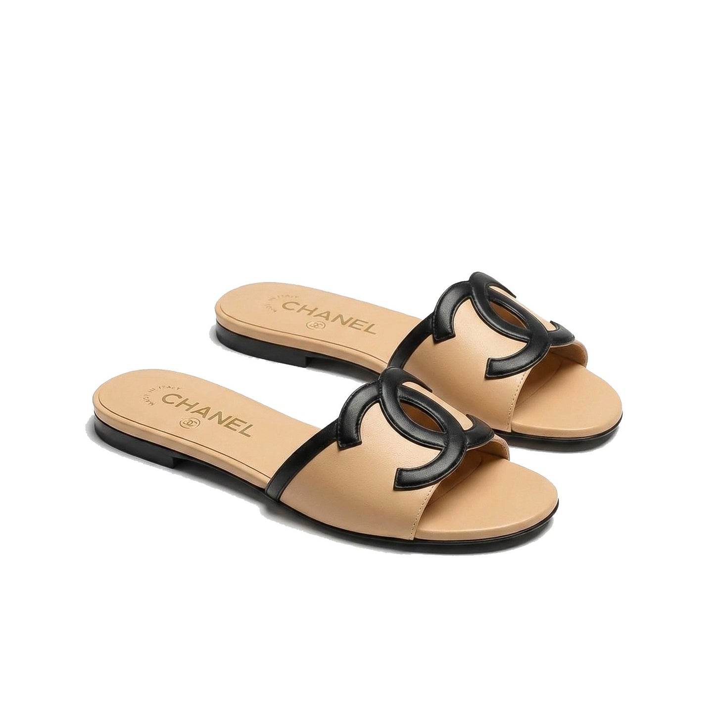 CHANEL Lambskin CC Cutout Sandal Mules– Beige & Black