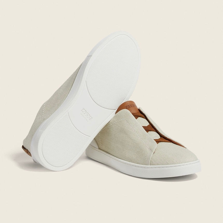 Zegna DUST WHITE COTTON LINEN AND LEATHER TRIPLE STITCH™ SNEAKERS