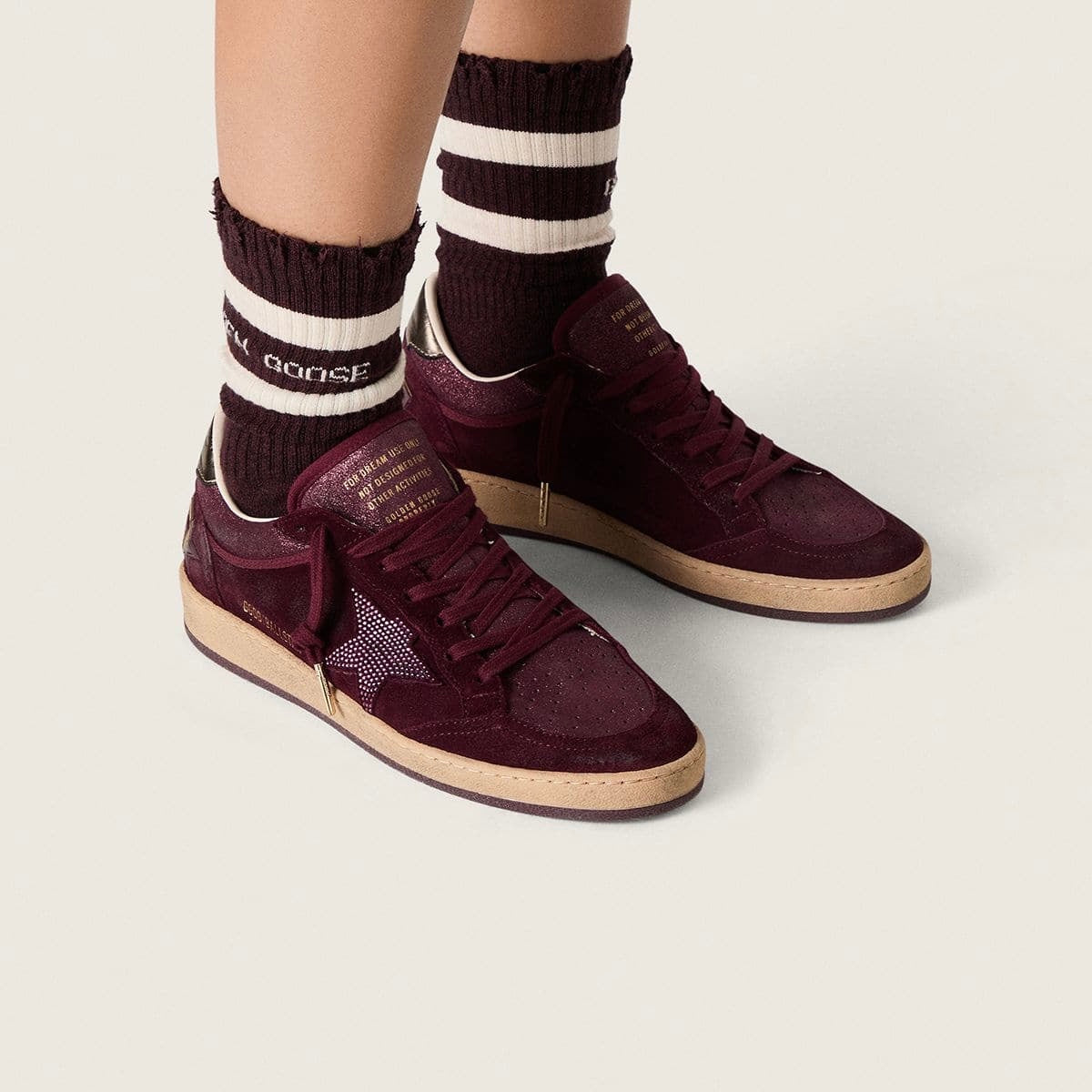 Golden Goose Ball Star in burgundy suede with crystal star and metallic leather heel tab(women)