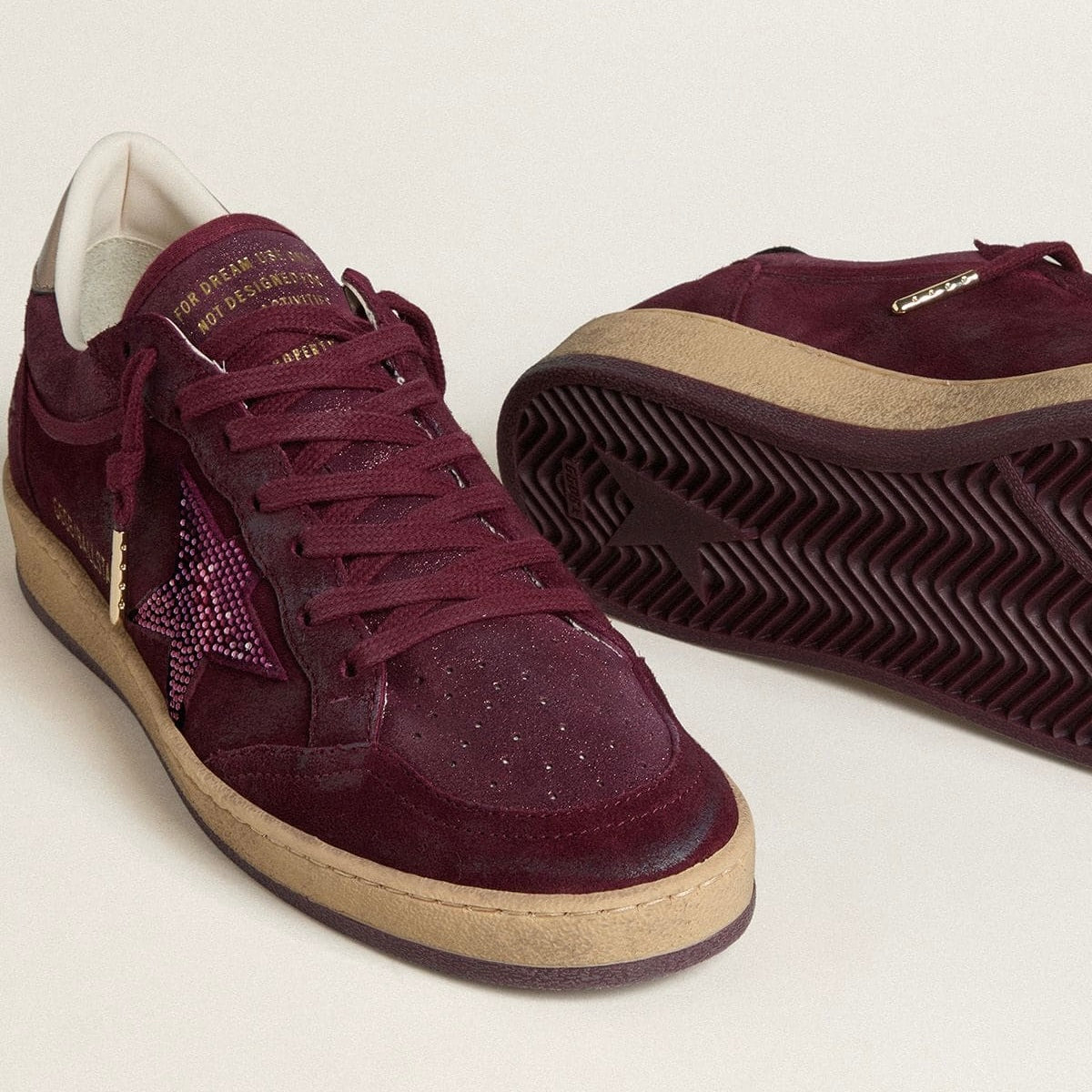 Golden Goose Ball Star in burgundy suede with crystal star and metallic leather heel tab(women)