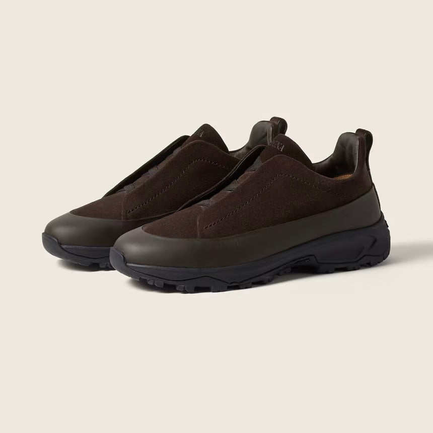 Zegna DARK BROWN LEATHER AND SUEDE TRIPLE STITCH™ MONTE SNEAKERS