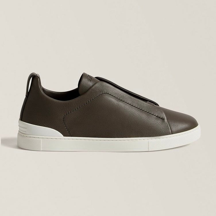 ZEGNA Triple Stitch SECONDSKIN Leather Sneakers Dark Taupe