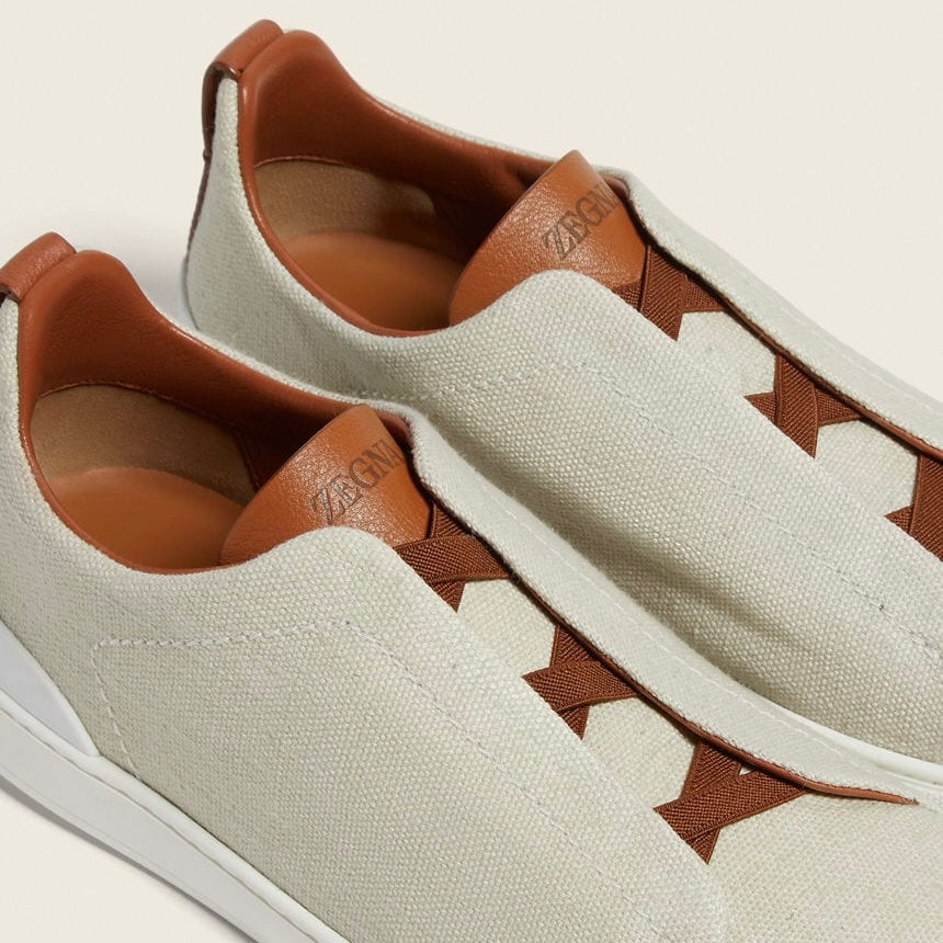 Zegna DUST WHITE COTTON LINEN AND LEATHER TRIPLE STITCH™ SNEAKERS