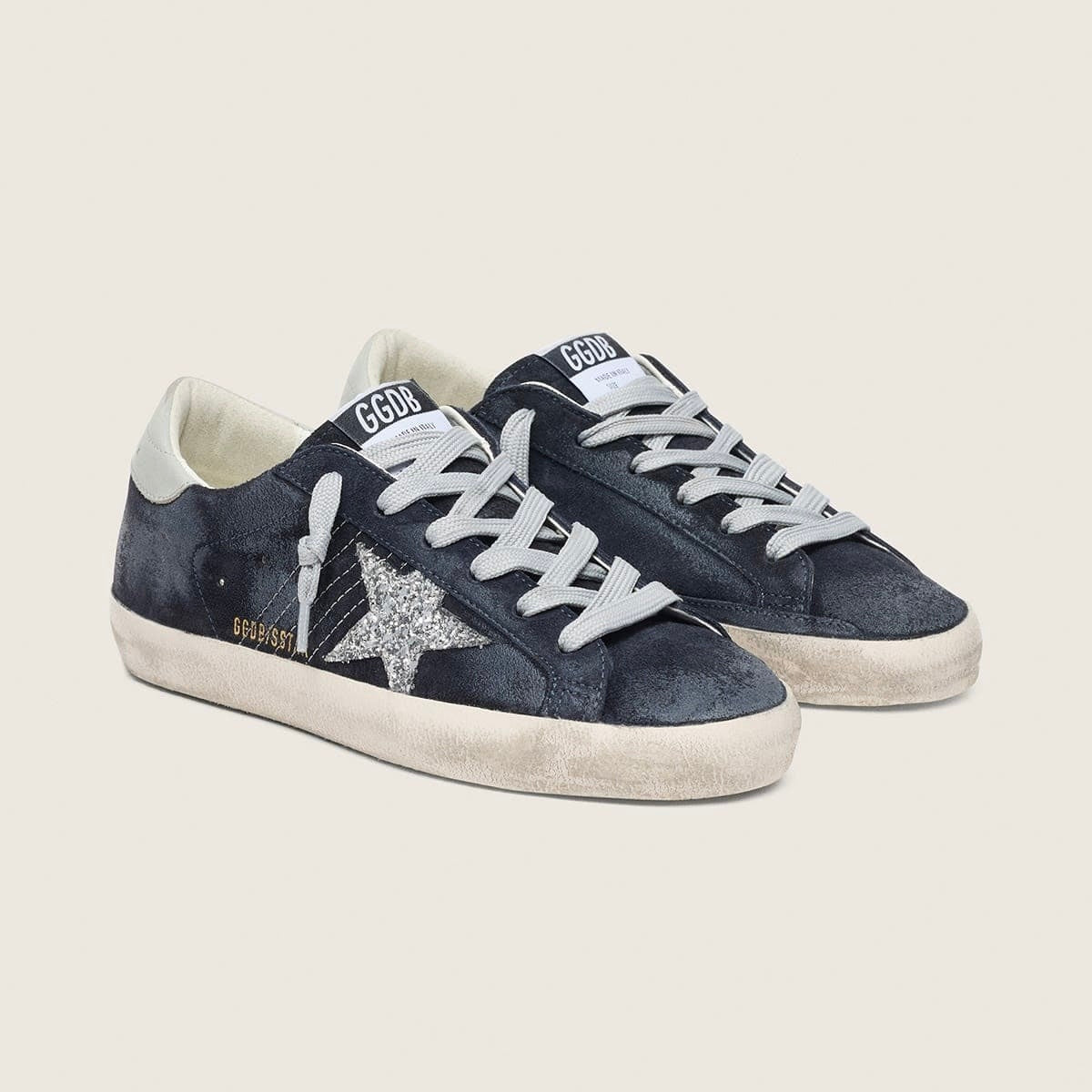 Golden Goose Super-Star in blue suede with silver glitter star and leather heel tab(Women's)