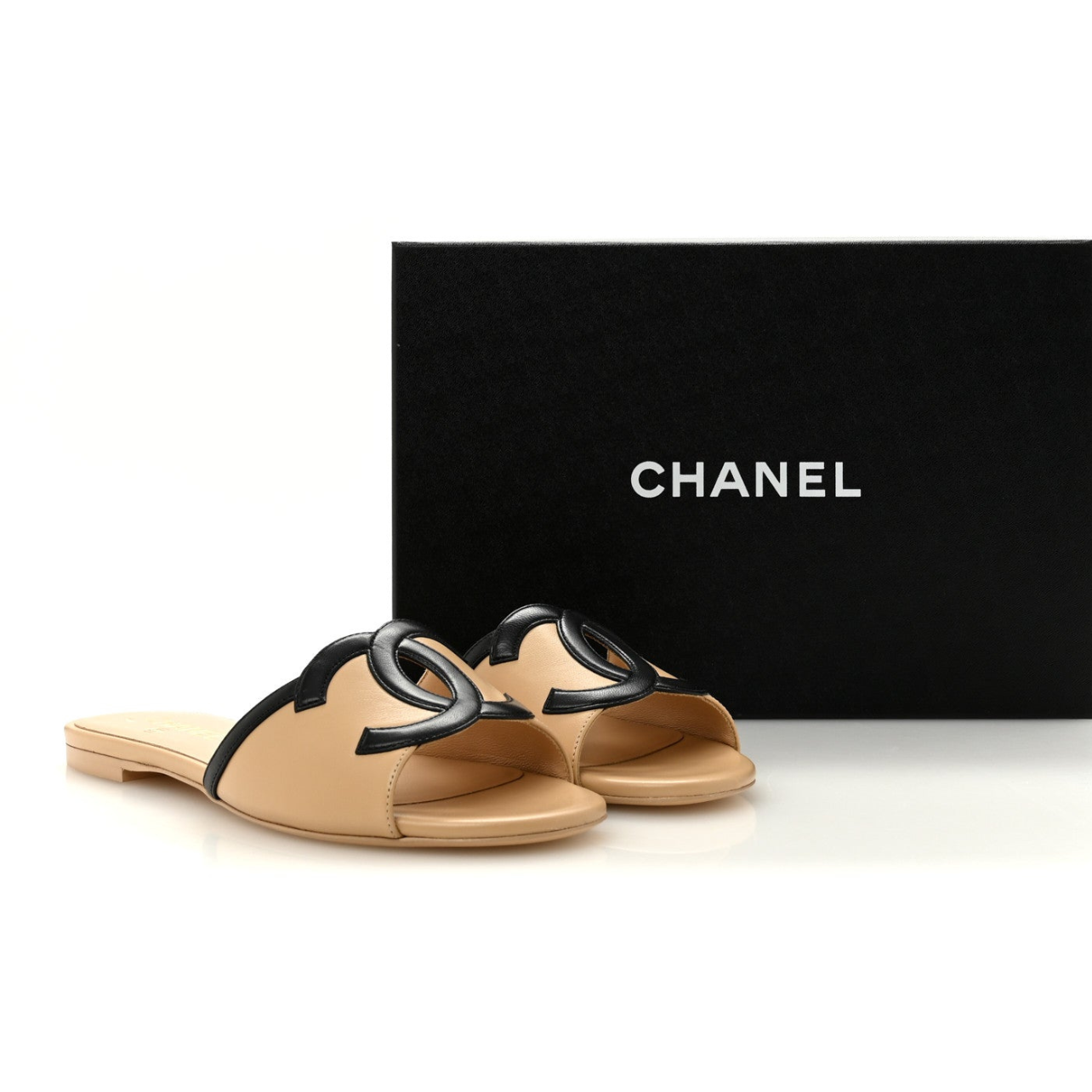 CHANEL Lambskin CC Cutout Sandal Mules– Beige & Black