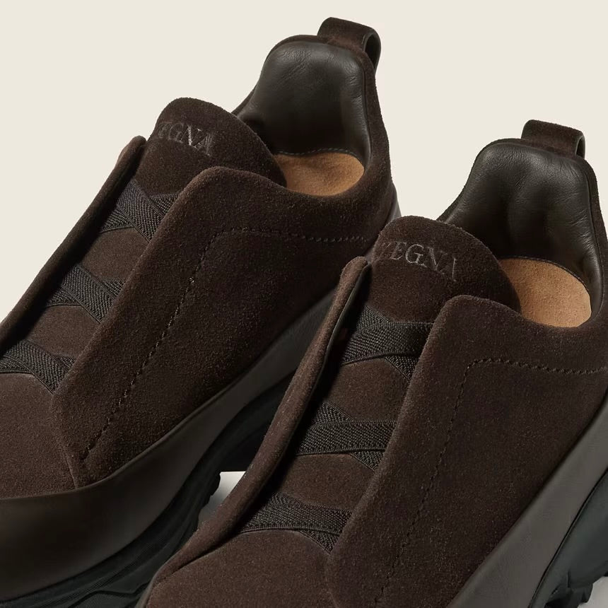 Zegna DARK BROWN LEATHER AND SUEDE TRIPLE STITCH™ MONTE SNEAKERS