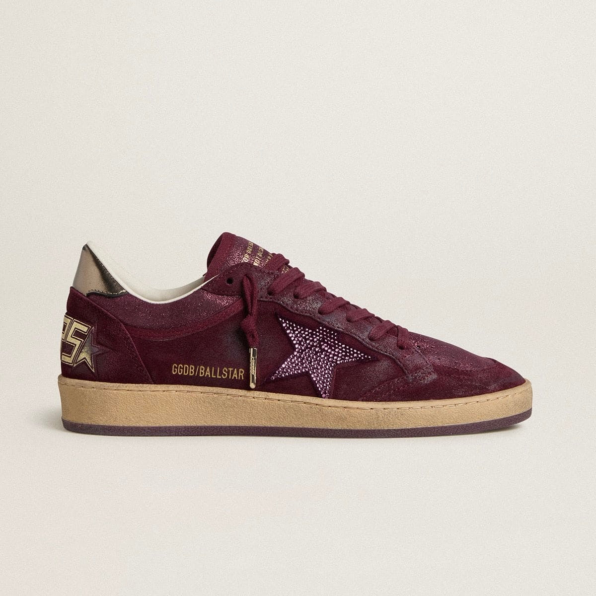 Golden Goose Ball Star in burgundy suede with crystal star and metallic leather heel tab(women)