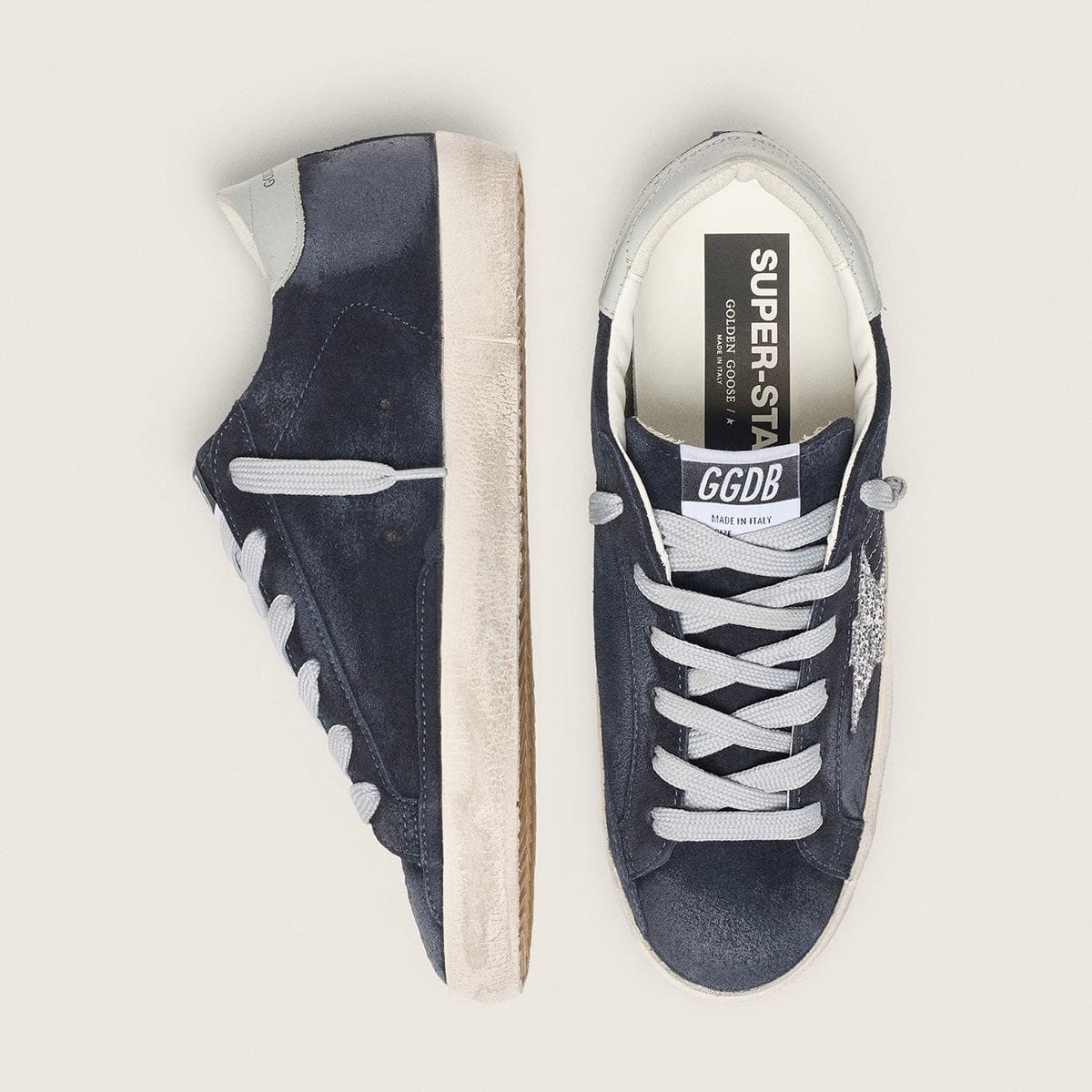 Golden Goose Super-Star in blue suede with silver glitter star and leather heel tab(Women's)