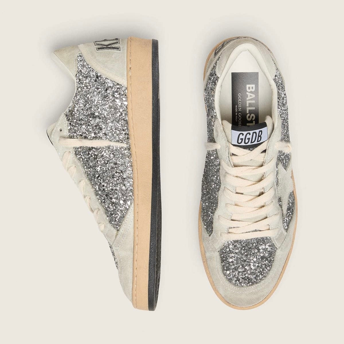 Golden Goose Ball Star in silver glitter with ice-gray suede inserts(women)
