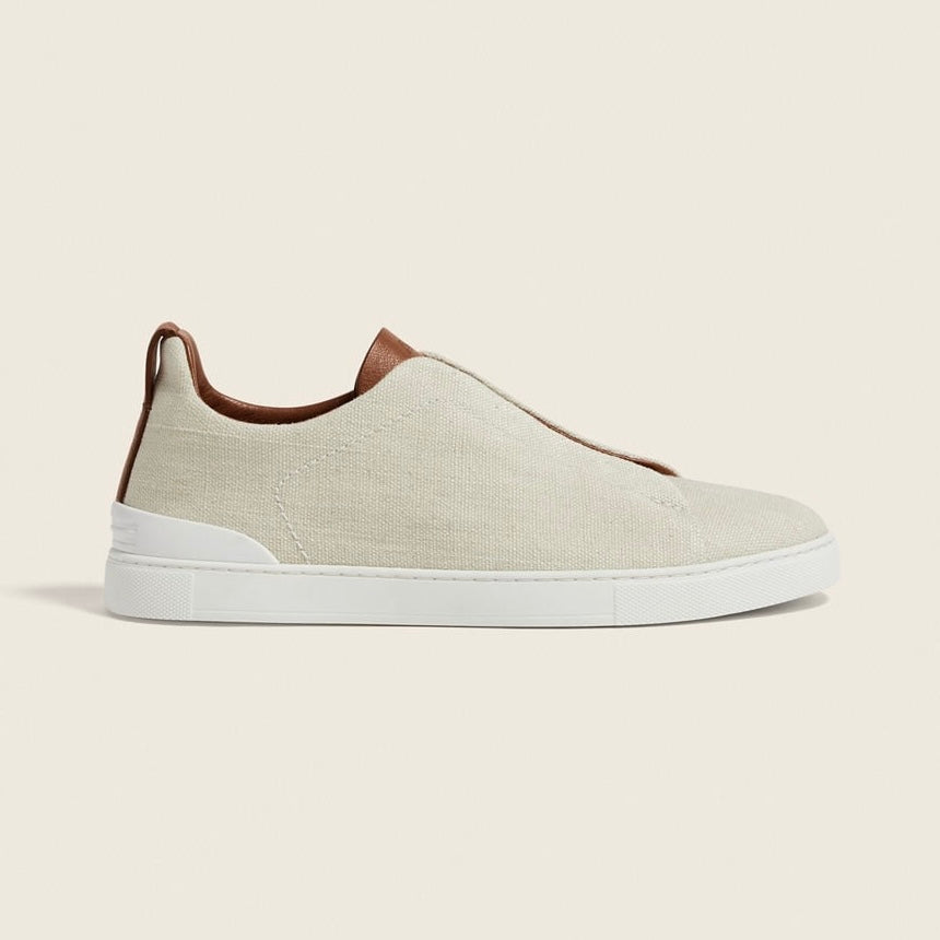 Zegna DUST WHITE COTTON LINEN AND LEATHER TRIPLE STITCH™ SNEAKERS
