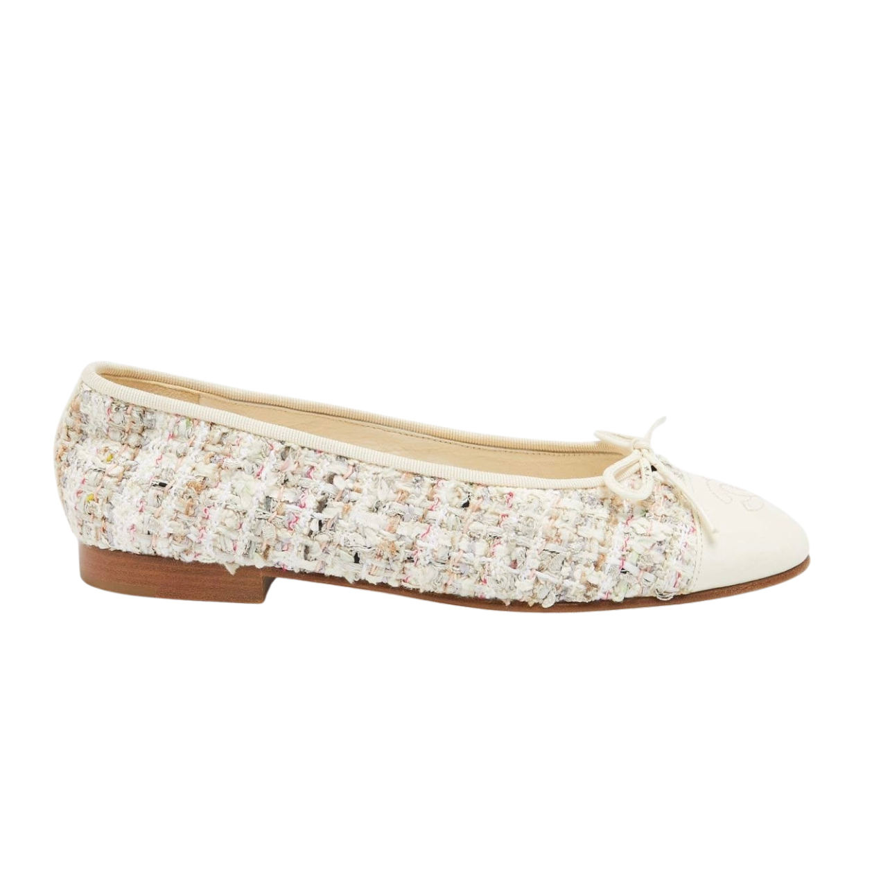 Chanel Cream/Red Tweed Fabric And Leather CC Cap Toe Bow Ballet Flats