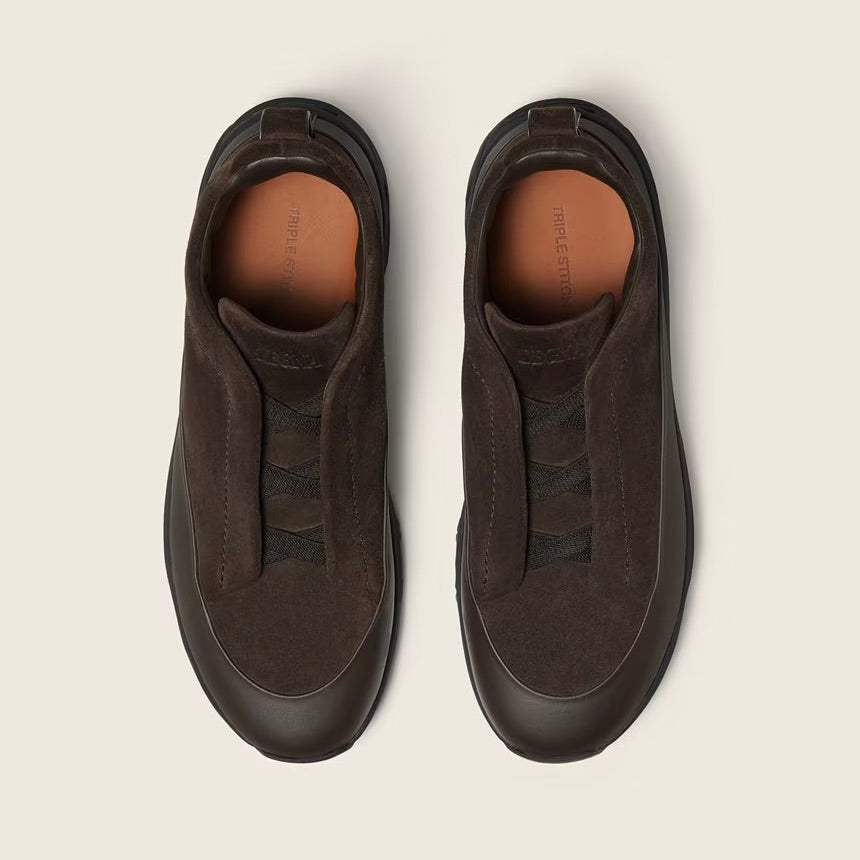 Zegna DARK BROWN LEATHER AND SUEDE TRIPLE STITCH™ MONTE SNEAKERS