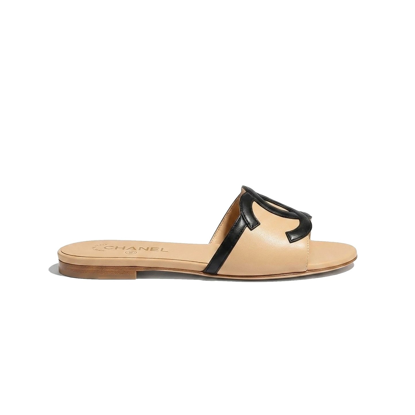 CHANEL Lambskin CC Cutout Sandal Mules– Beige & Black